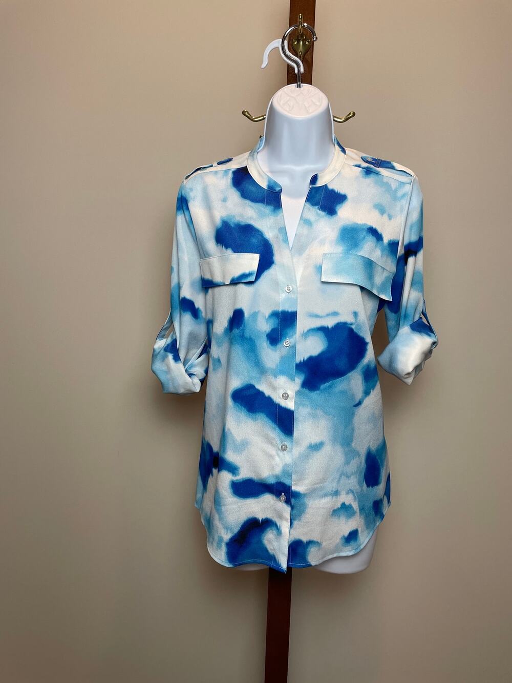 Calvin Klein Top Size S Blue Watercolor Button Up Roll Tab Sleeve Tunic NWOT